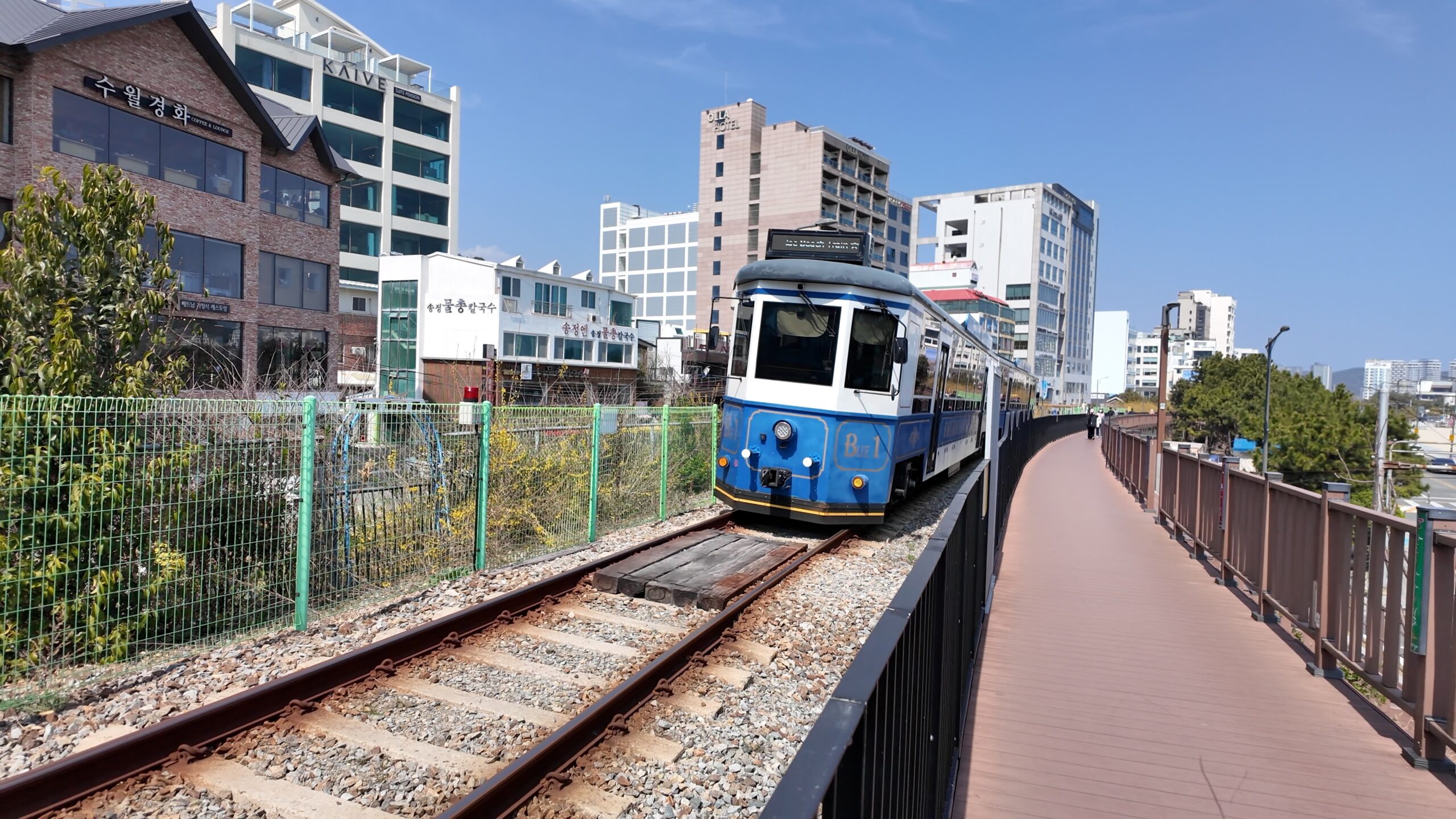遊歩道のすぐ脇を走り抜けるビーチトレイン