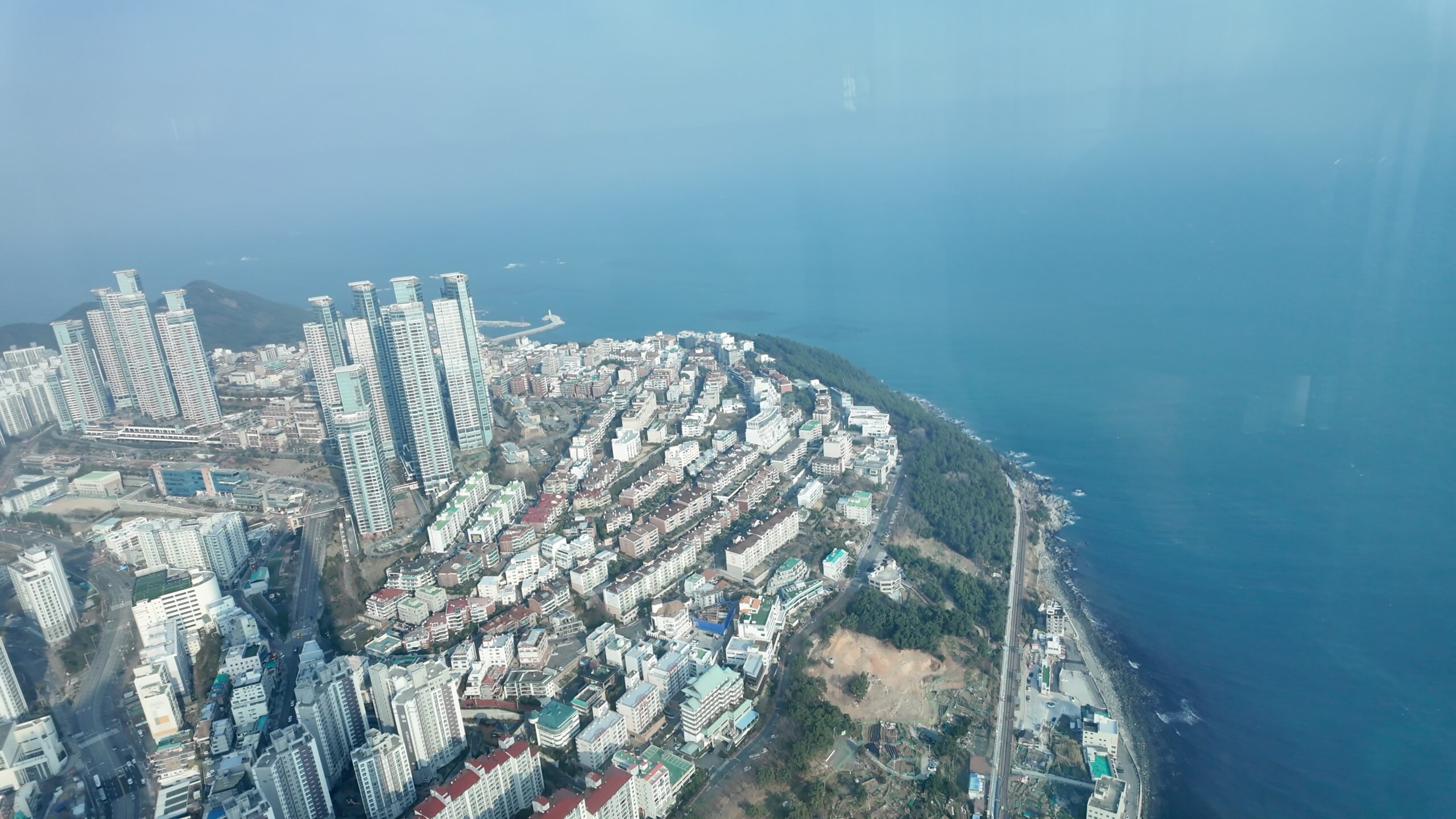 展望台から見下ろすブルーラインパークの線路と海沿いの遊歩道